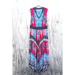 Bila Hankie Hem Boho Gypsy Summer Crepe Maxi Red White & Blue Women's XXL